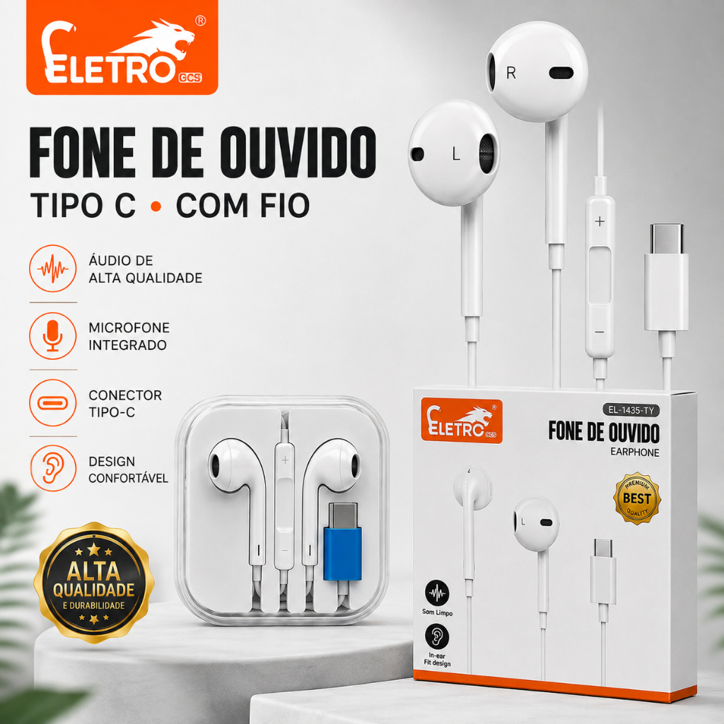 Fone Tipo C com Fio Microfone Original Eletromex para Samsung Galaxy Xiaomi Redm