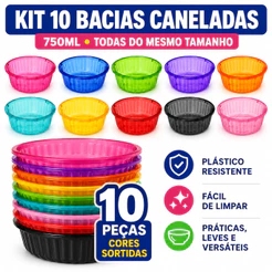 Kit 10 Bacias Caneladas 750ml Coloridas | Bacias Plásticas Multiuso Cores Sortidas para Cozinha