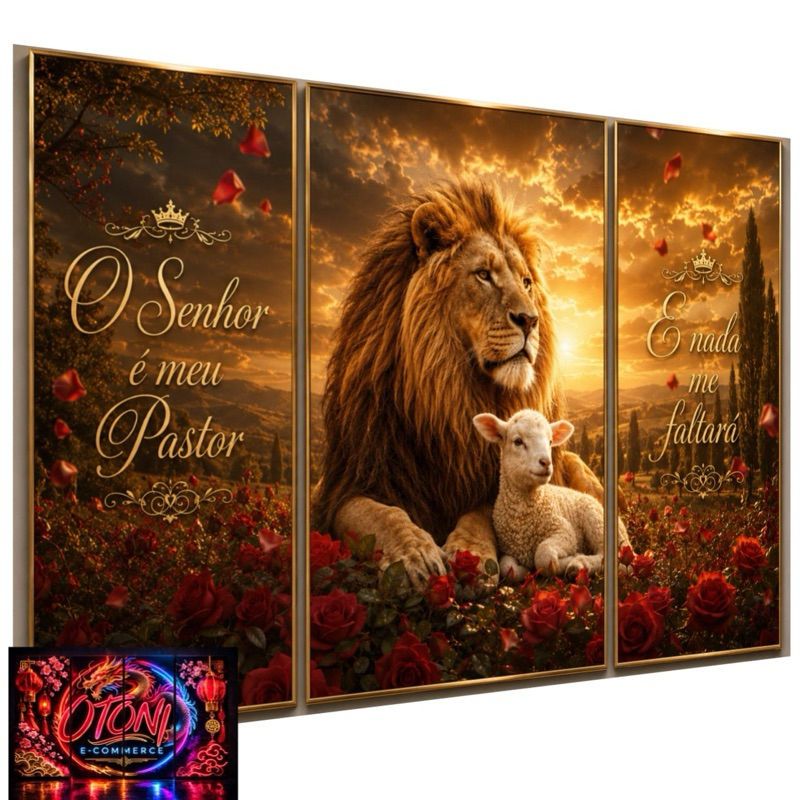 Quadros Decorativos Leão e Cordeiro Religioso Rosas Vermelhas 3 Peças Decoração Sala Quarto Escritório Decoração