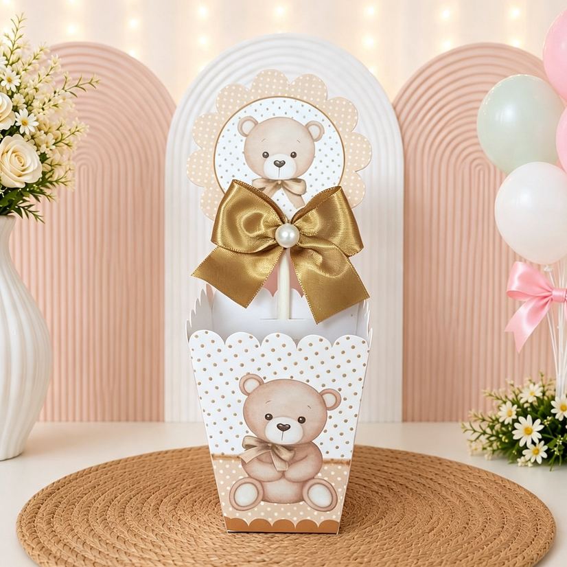 Centro de Mesa CHA REVELAÇAO URSO DOURADO para Festa Infantil | Cachepô Lembrancinha Decoração