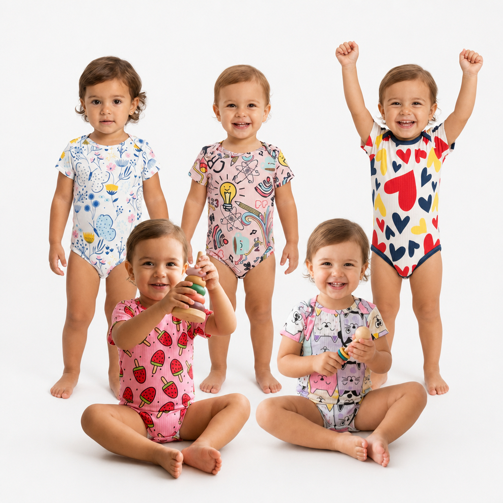 Kit 5 Bodies Bebê Manga Curta Ribana Canelada Premium Estampado Enxoval 1 ao 3