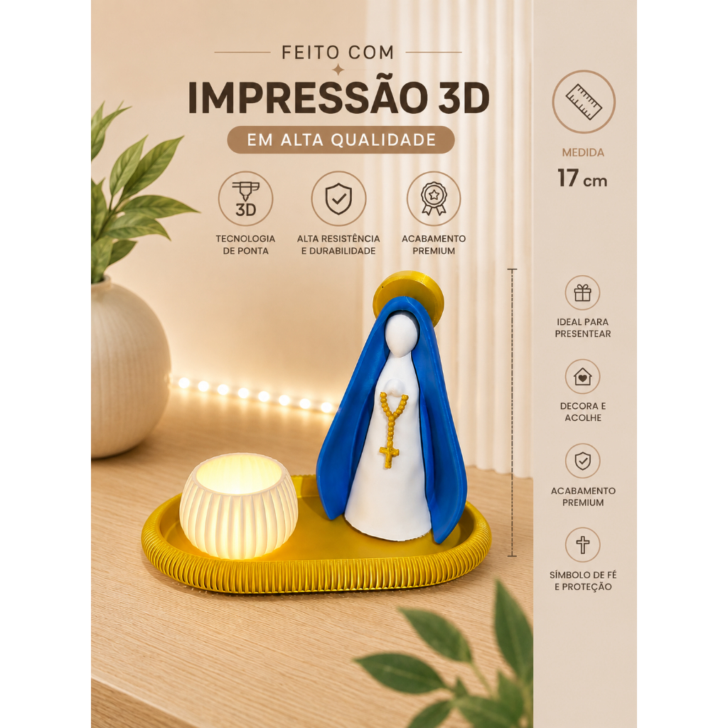 Kit Nossa Senhora Aparecida 3D Decorativo com Bandeja e Vela LED | Altar Religioso Católico