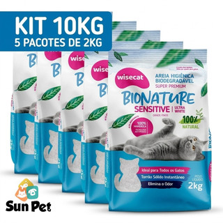 Kit 10kg Areia Higiênica Para Gatos Mandioca Biodegradável Wisecat Bionature Sensitive Grãos Finos 5x2kg