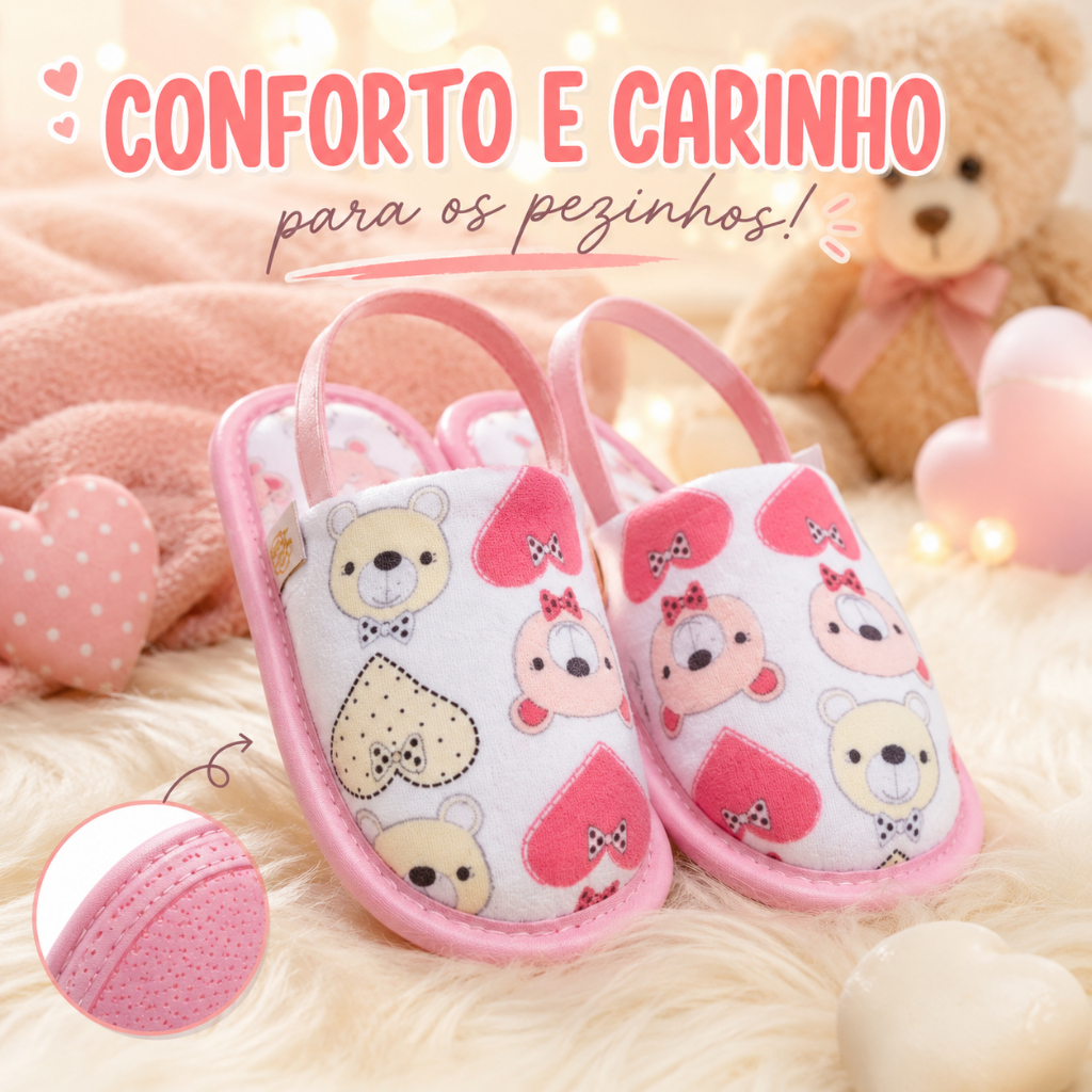 Pantufa Chinelo Infantil Baby Ursinha Com Elástico Antiderrapante Confortável