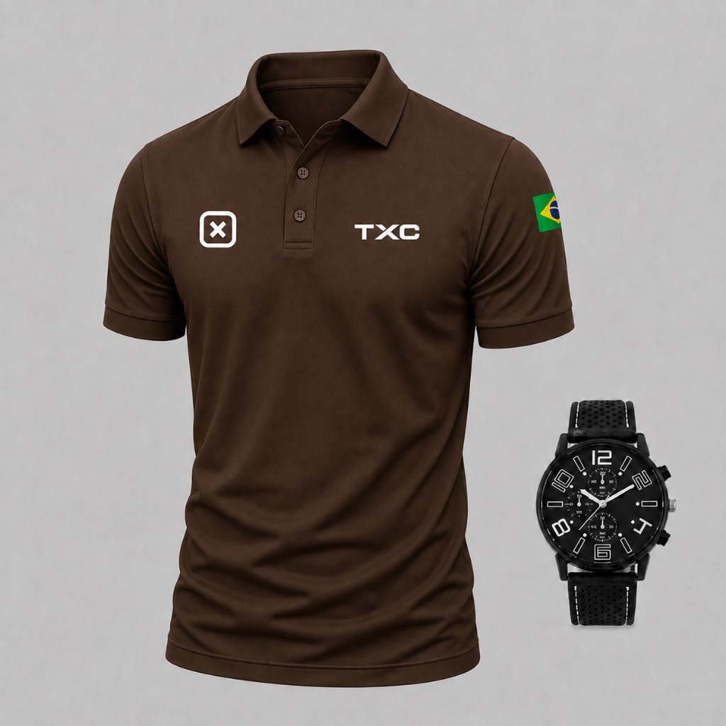 Camisa Polo Country Feita em Piquet Caimento Slim com Relógio