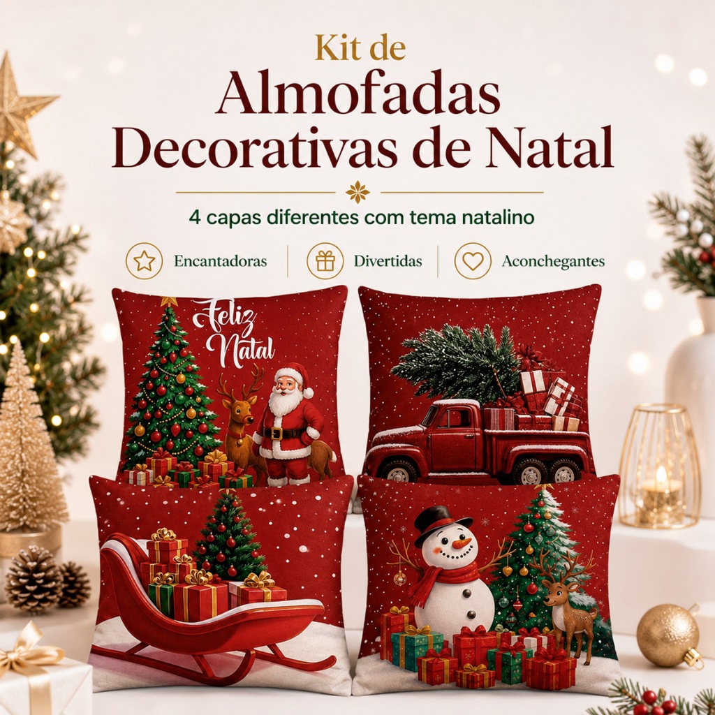 Almofadas Decorativas de Natal Kit 4 Capas Papai Noel Feliz Natal 45x45 cm