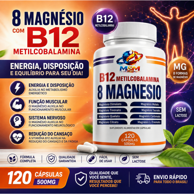8 Magnésios + vitamina b12 original Metilcobalamina 120 OU 60 Cápsulas