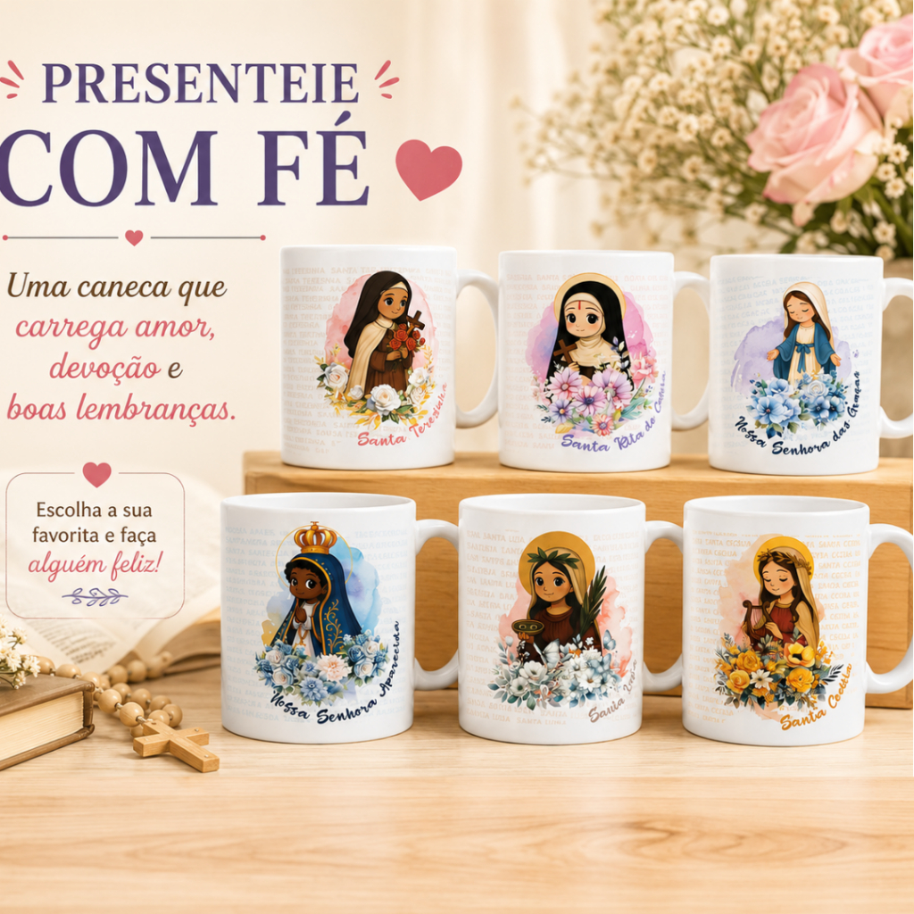 Caneca Católica Nossa Senhora Aparecida Santa Bárbara Clara Cecília Santa Luzia Rita de Cassia Presente Religioso