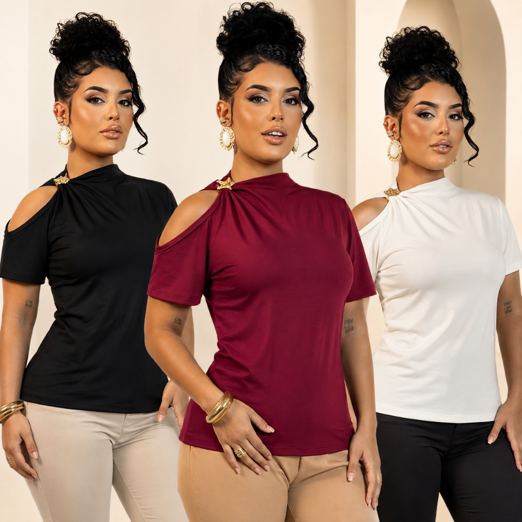 Blusa Feminina Ombro Vazado com Argola Dourada Manga Curta Gola Alta Tamanho Único Moda Feminina Elegante Casual Social