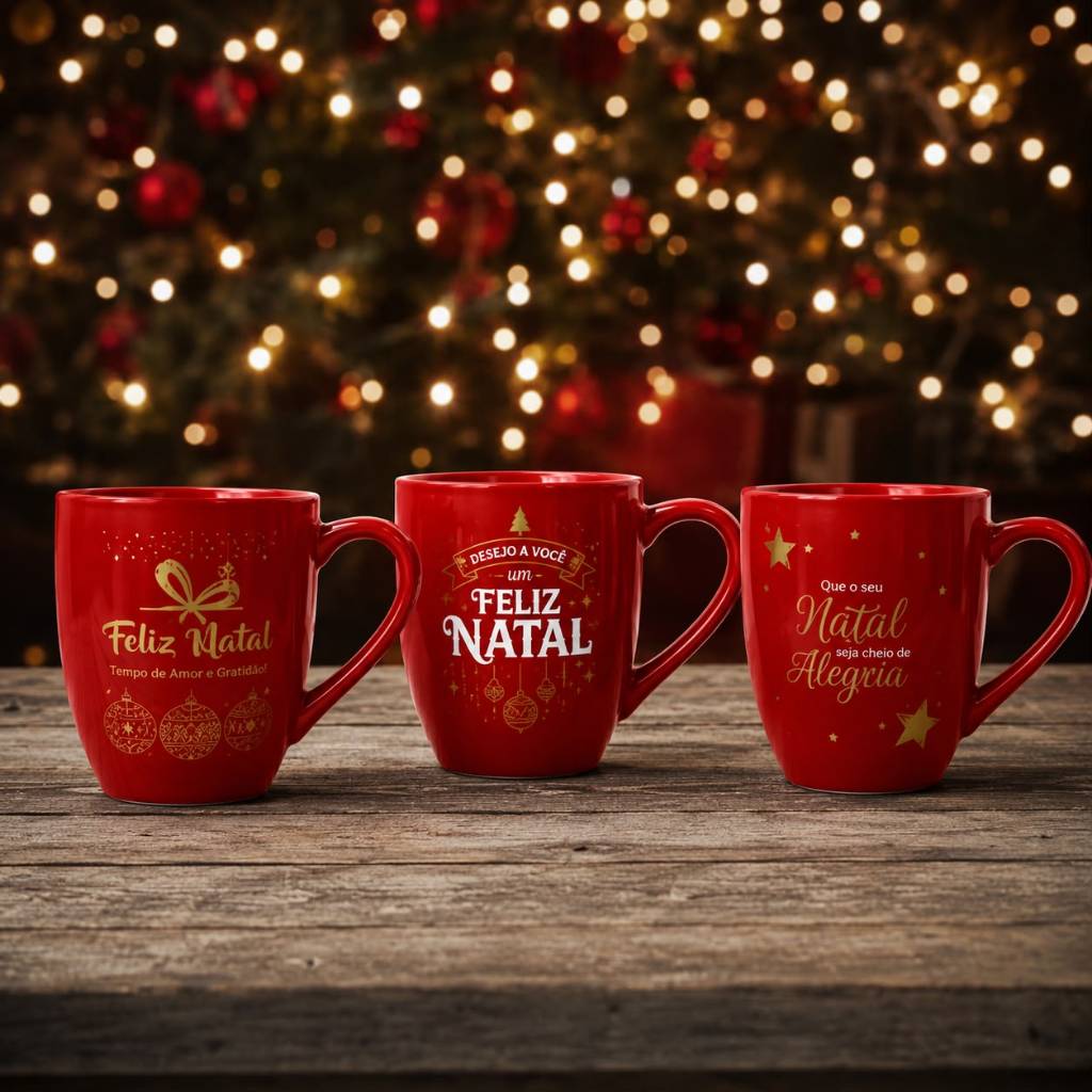 Kit Canecas Personalizadas de Porcelana 250 ml Feliz Natal