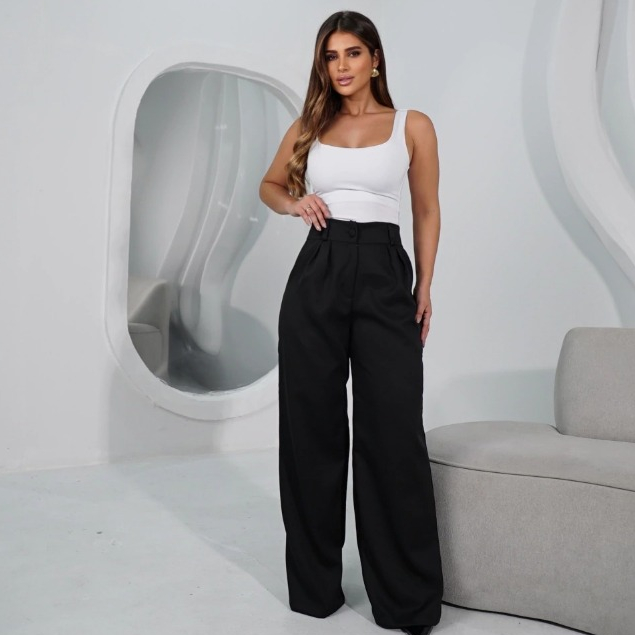 Calça Pantalona Feminina Alfaiataria Cintura Alta Social Elegante Bolsos Corte Amplo Moda Executiva Trabalho Escritório