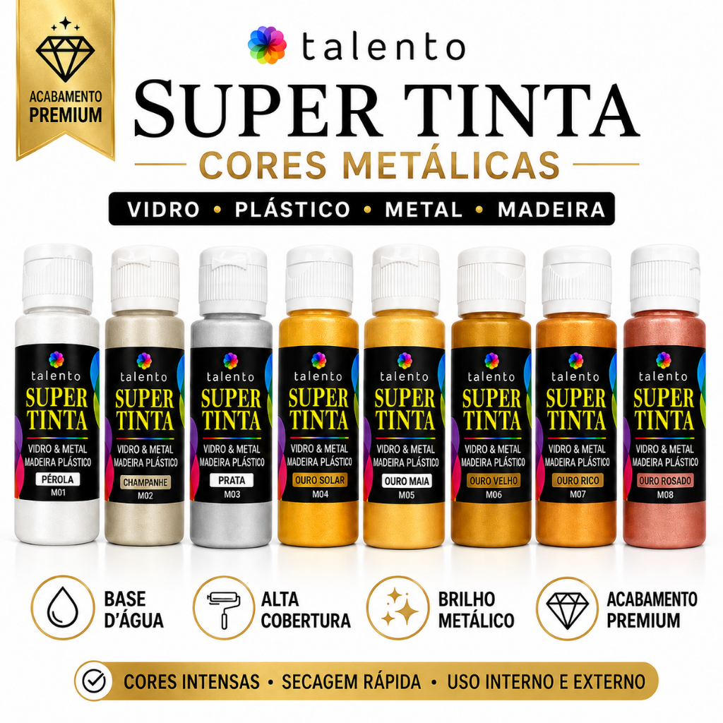 Super Tinta Artesanato para Vidro, Plástico Metal e Madeira 60ml Talento -Metálicas
