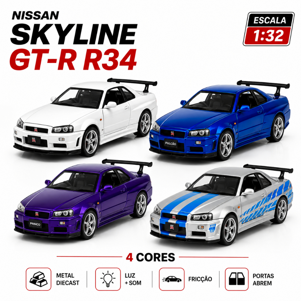 Miniatura Nissan Skyline GT-R R34 1/32 Carrinho de Ferro Metal Colecionável