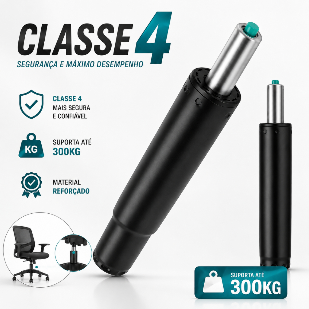 Pistão Gás Universal Reforçado para Cadeira de Escritório Classe 4 300kg Curso 120mm Preto/Branco