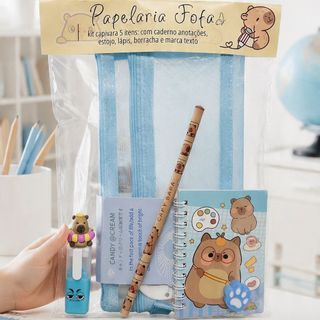 Kit Papelaria Fofa Capivara – 5 itens | Papelaria Criativa e Material Escolar Práticos e Fofos Crianças e Adultos