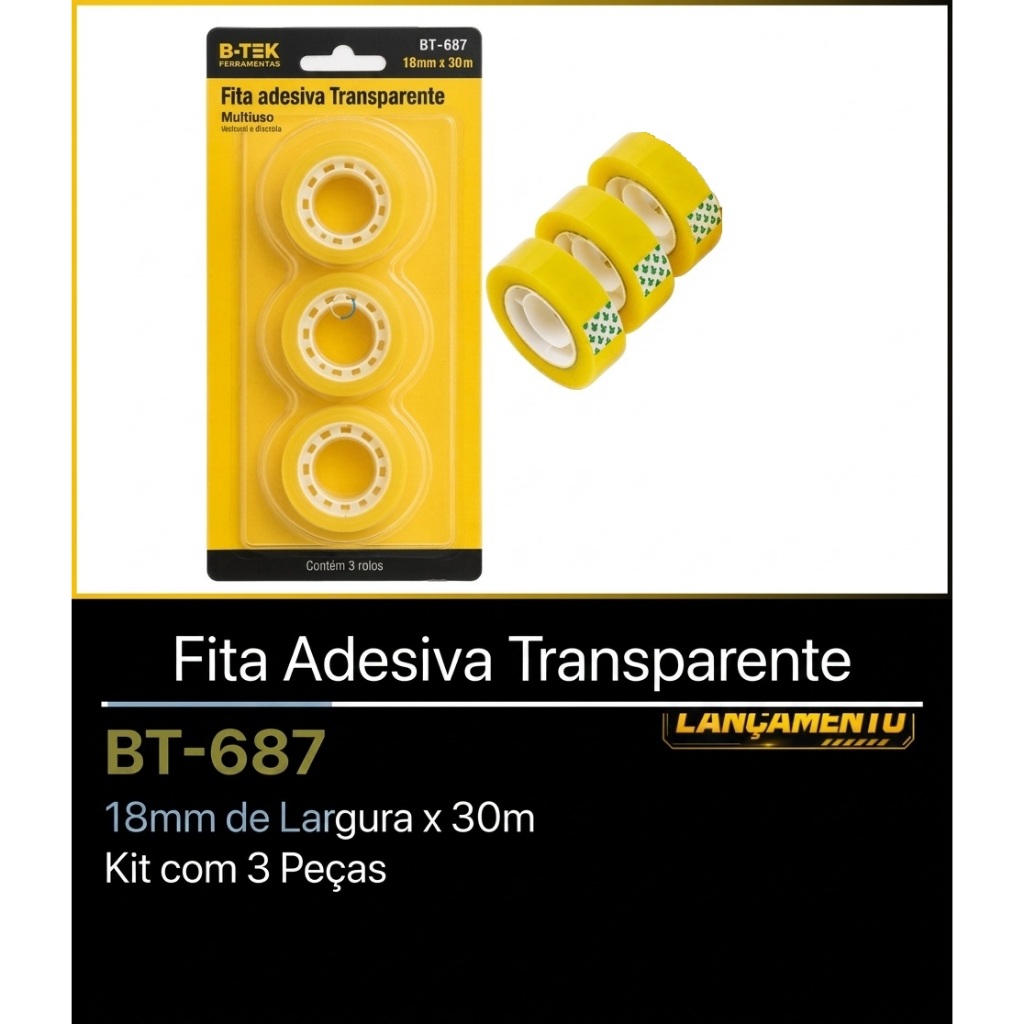 KIT com 3 Rolos de Fita Adesiva Transparente 18mm x 30m