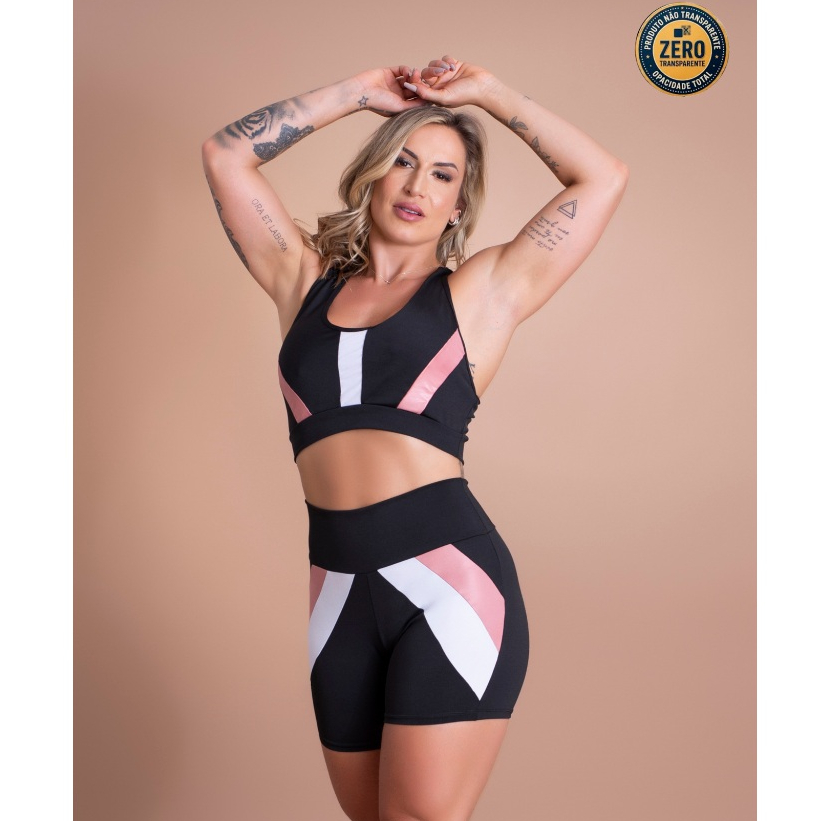 Conjunto Fitness Feminino Short Cintura Alta Detalhe Perna E Top Nadador Sustentação Academia ZERO TRANSPARÊNCIA