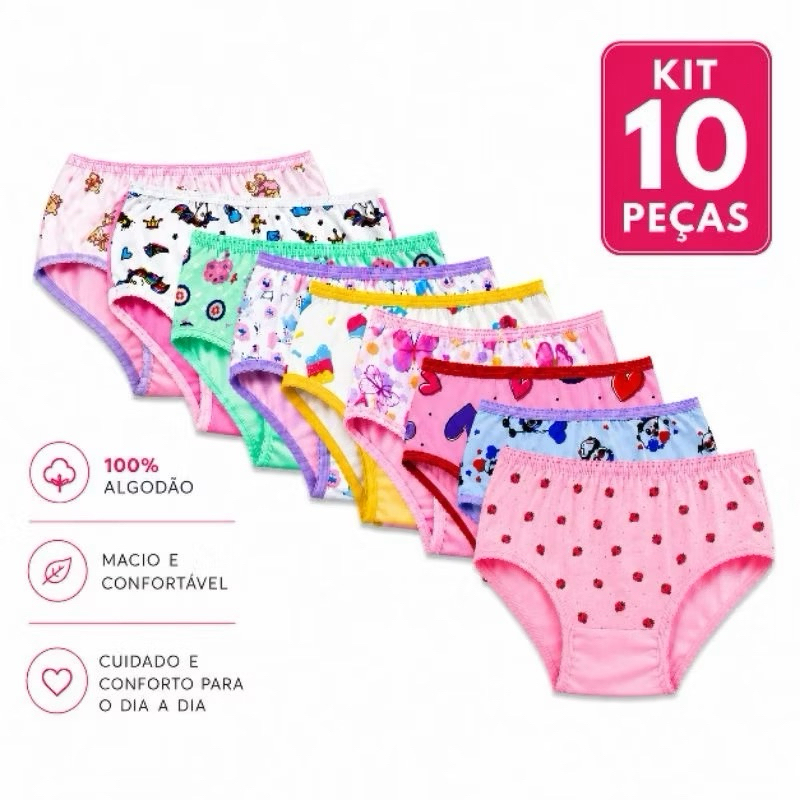 Kit 10 Calcinhas Infantis Menina 100% Algodão Estampadas Confortáveis P M G GG 2 a 10 Anos