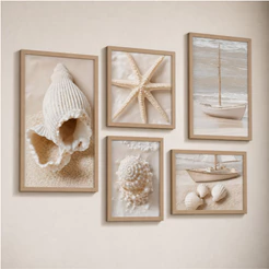 Kit 5 Quadros Decorativo Mdf Sala Grande Conchas Mar Praia Boho Chic Colorido quarto cozinha banheiro escritorio Bege