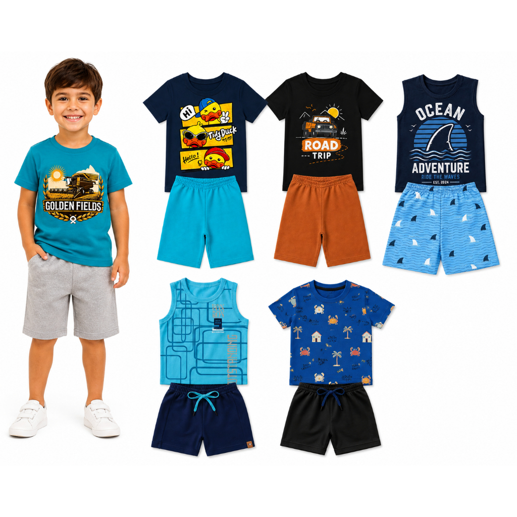 Conjunto Infantil Menino Sortido Verão Kit 6 Conjuntos Masculino Camiseta  Regata Shorts 12 Peças