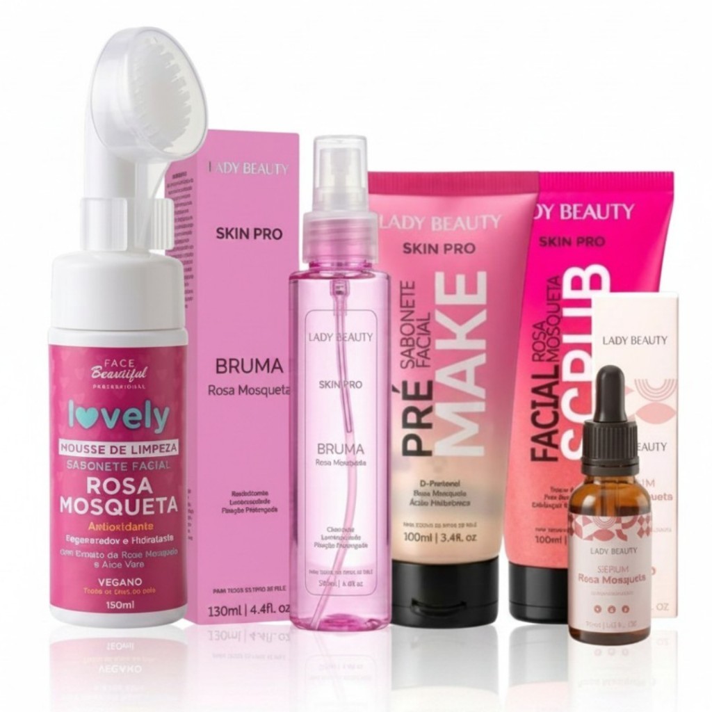 Kit Skin Care Completo Rosa Mosqueta Limpeza Pele Profunda Mousse Bruma Presente Dia dos namorados