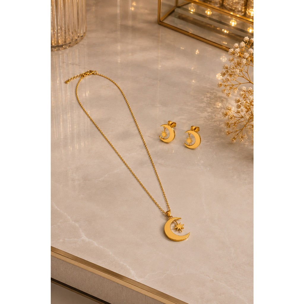 Conjunto Colar e Brincos Lua e Estrela Dourado Feminino Aço Inoxidável Antialérgico
