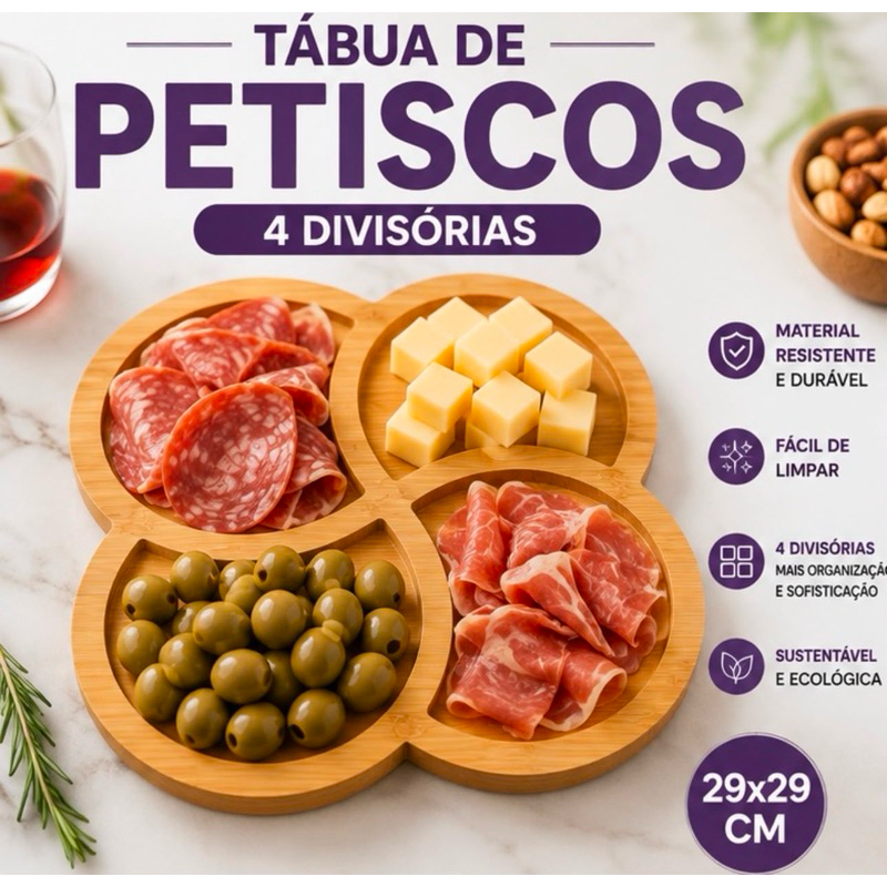 Tábua de Petiscos 4 Divisórias 29x29cm – Bandeja para Queijos, Frios e Aperitivos