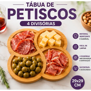 Tábua de Petiscos 4 Divisórias 29x29cm – Bandeja para Queijos, Frios e Aperitivos