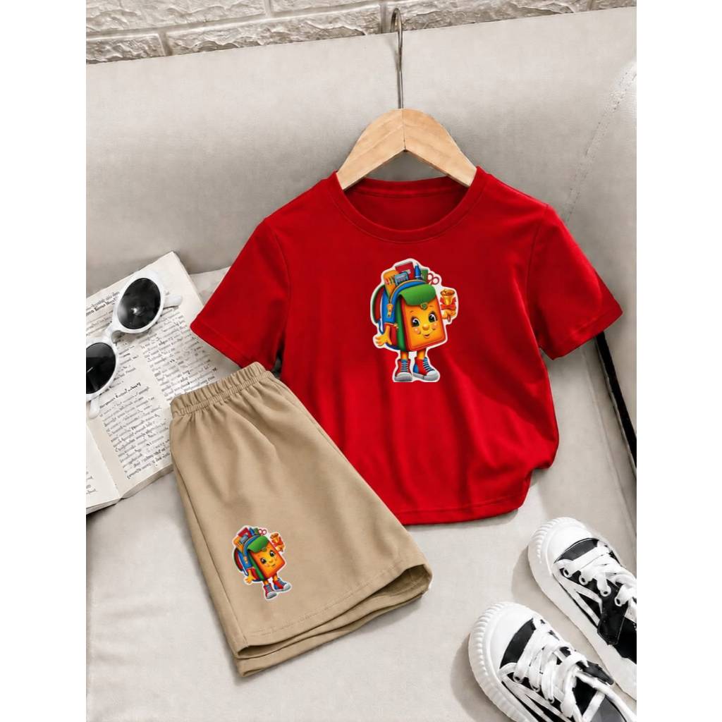 Conjunto Menino Infantil Estiloso Camiseta Básica + Short Moletom Conforto Total Estampa de Mochilinha