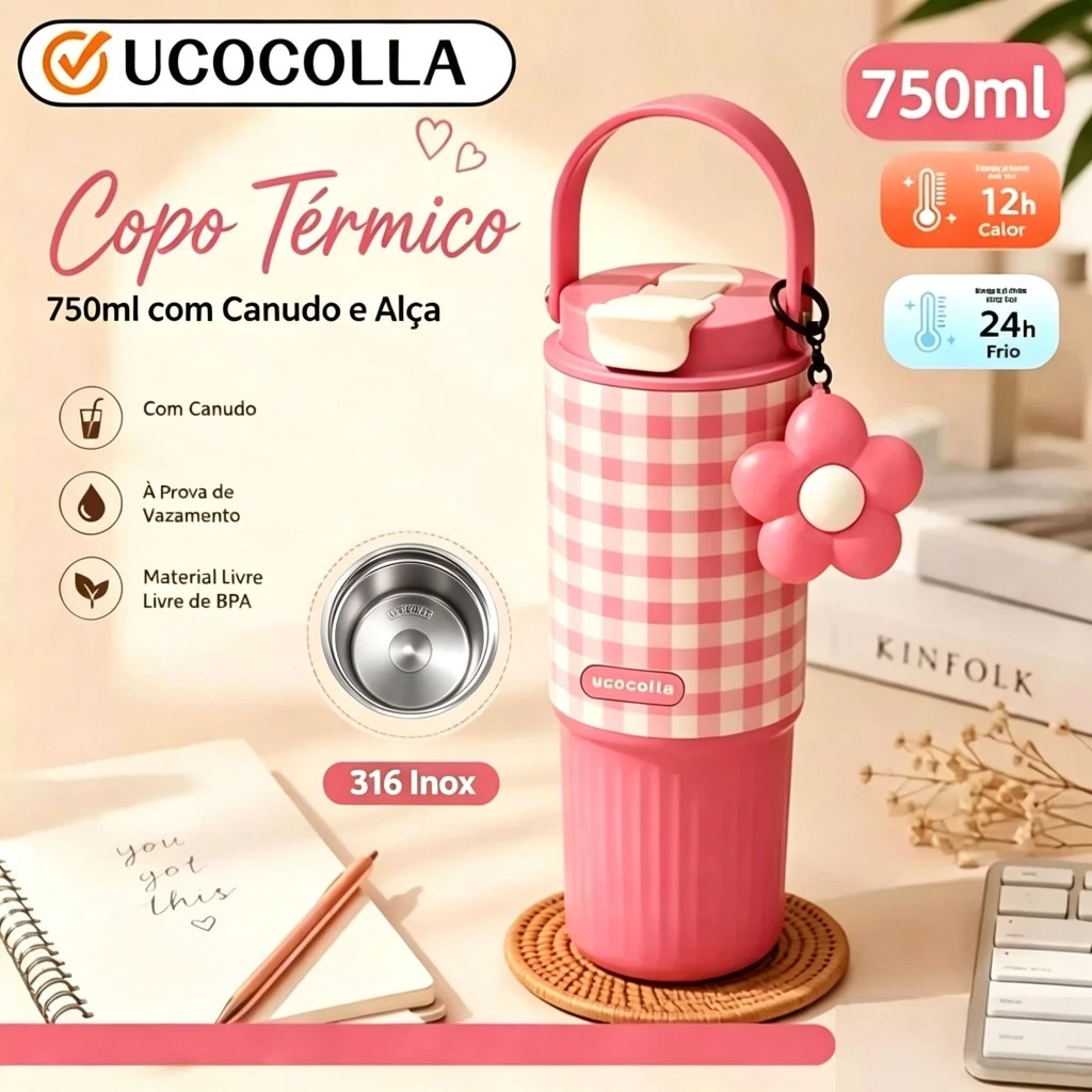 UCOCOLLA Garrafa Térmica Aço Inox Copo Com Canudo  Tampa Antivazamento 750ml Portátil BPA Free Quente/Fria Com Pingente — imagem 1