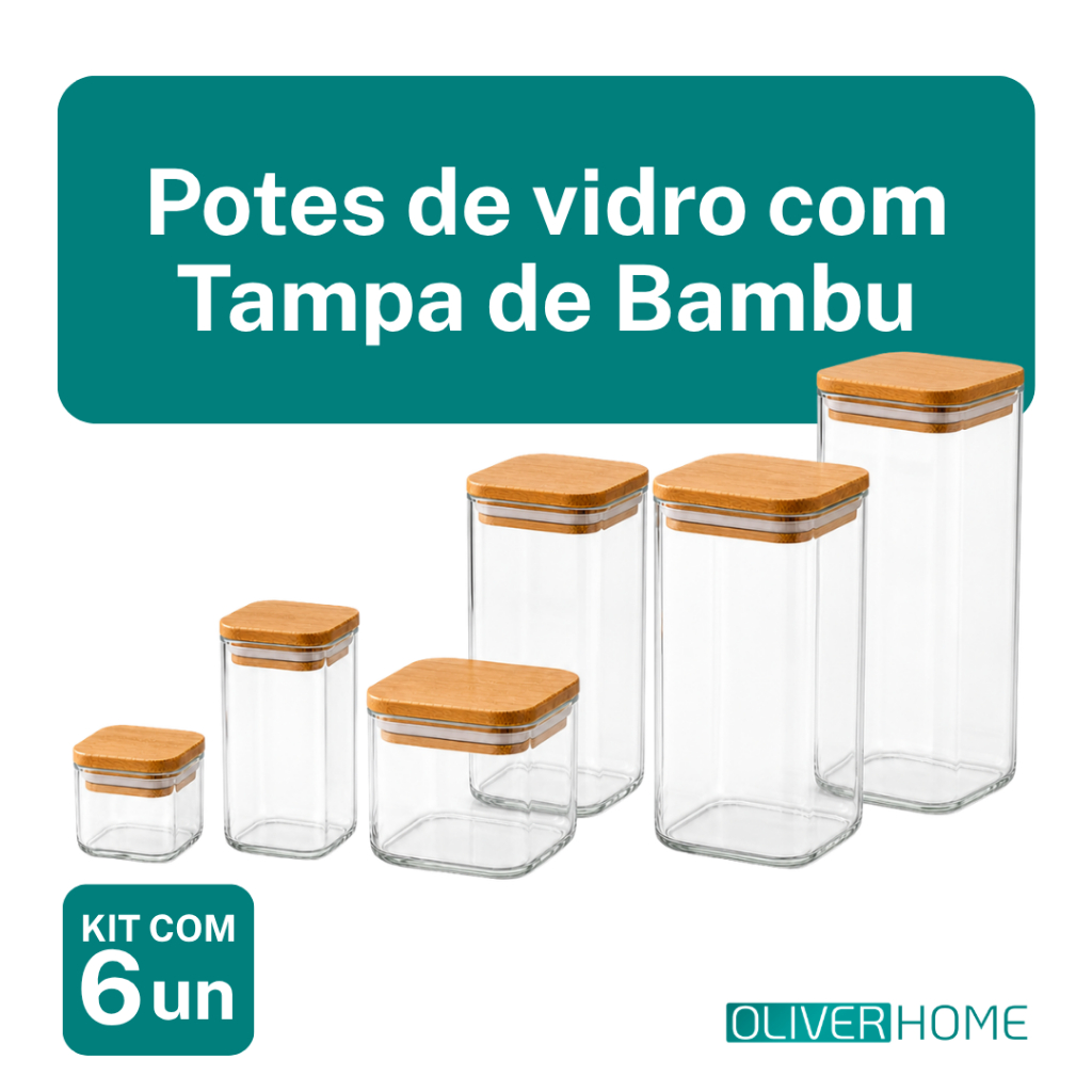 Kit 6 Potes Hermético 200/300/500/700/1100/1500ml De Mantimentos Quadrado Com Tampa Bambu