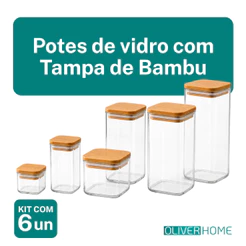 Kit 6 Potes Hermético 200/300/500/700/1100/1500ml De Mantimentos Quadrado Com Tampa Bambu