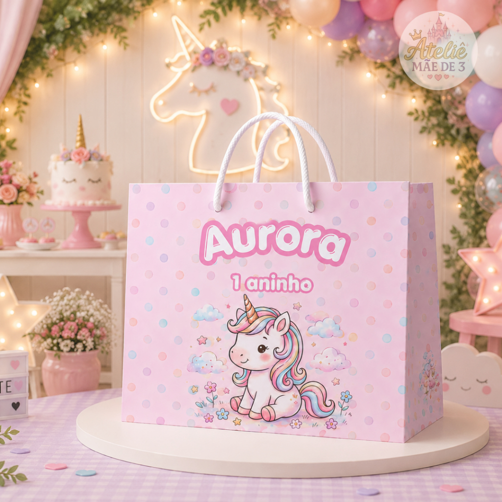 Sacolinha Personalizada Unicórnio Mágico Lembrancinha Festa Infantil Aniversario Menina Kit 5 ou 10 Unidades