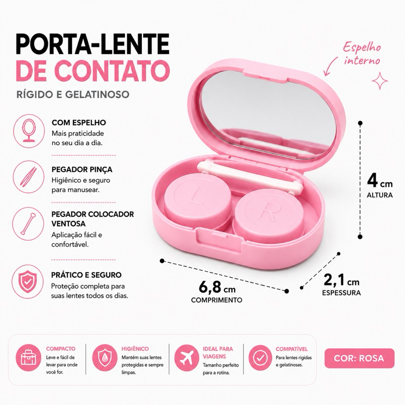 Kit Estojo Porta Lentes de Contato Gelatinosa Rígida Compacto para Viagem Pinça Ventosa Espelho na