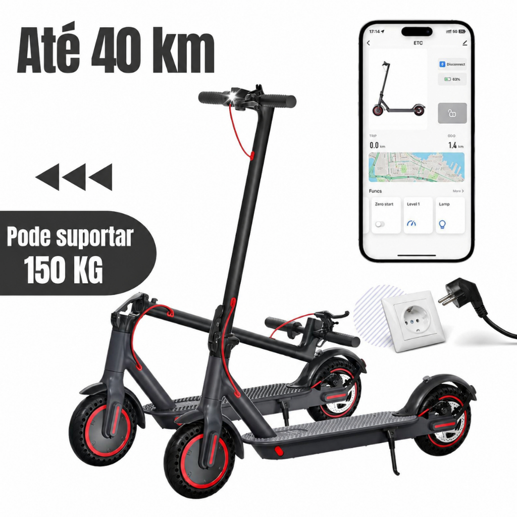 Patinete Elétrico Adulto 550W 36V Bateria 7.5Ah Autonomia 40km Suporta 150kg Bluetooth Dobrável Rodas 17