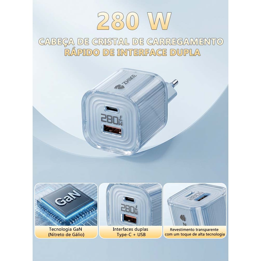 Carregador ZHIKE USB Tipo C 2 Portas Cristal PD 280W GaN Adaptador Carga Rápida 