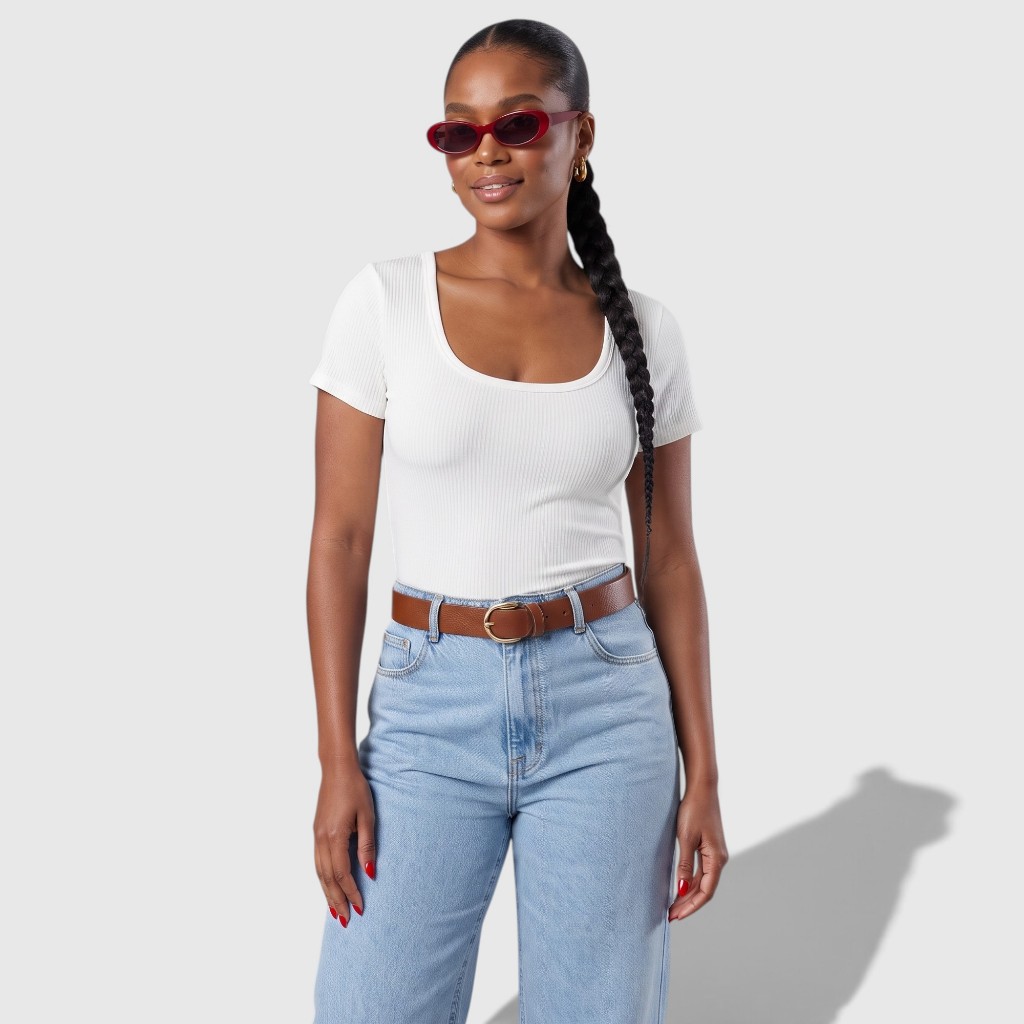 Cropped Feminino Branco Canelado Manga Curta Blusa Básica Justa