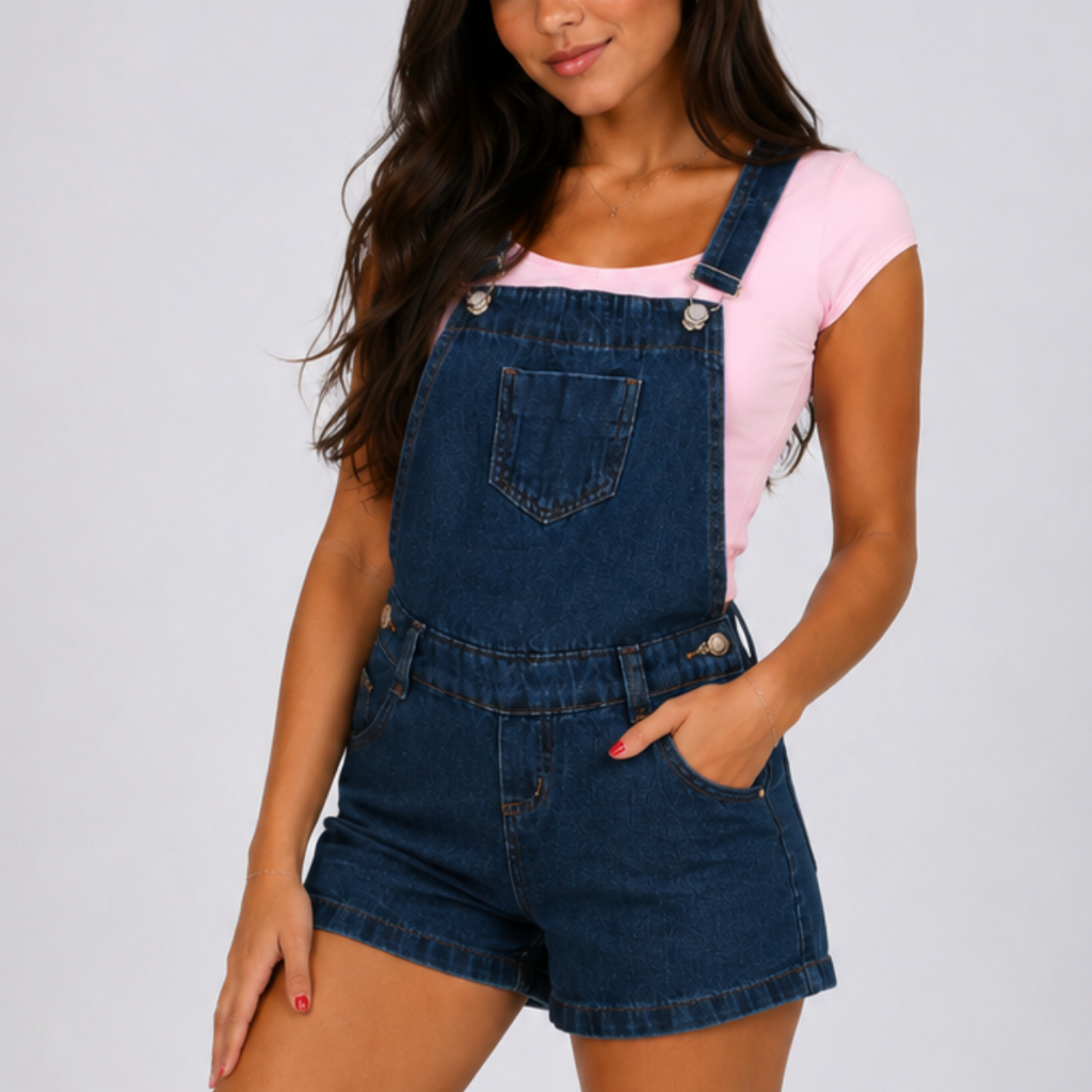 Jardineira short jeans macaquinho de alça infantil juvenil 10 ao 16