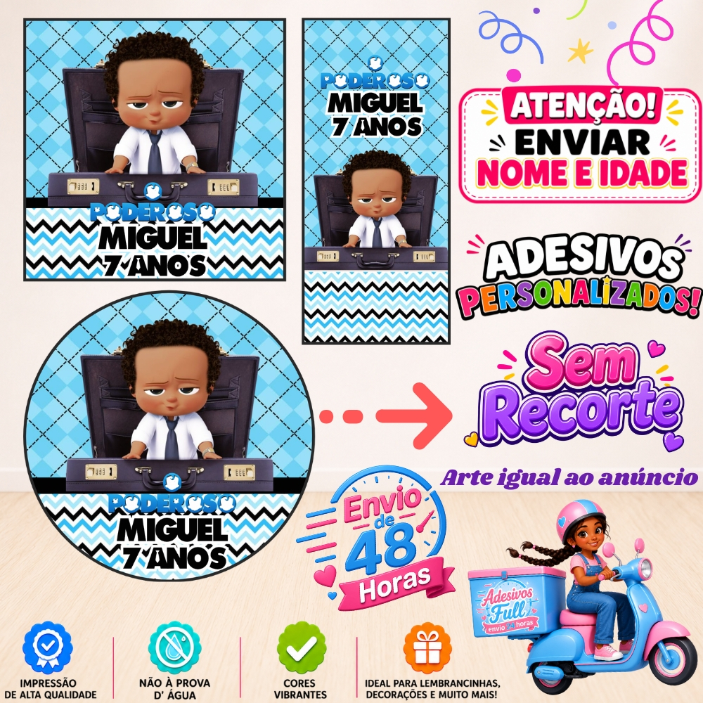 O Poderoso Chefinho Moreno - 100/60/40 Adesivos Personalizados Lembrancinhas Festa Aniversário