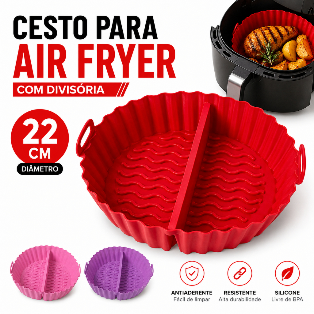 Forma de Silicone para Air Fryer com Divisória 22cm Cesto Fritadeira Elétrica Antiaderente Reutilizável