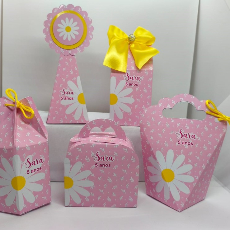 Caixas Personalizadas Margarida Fundo Rosa Sem Laços Caixinhas papel fotográfico Brilho