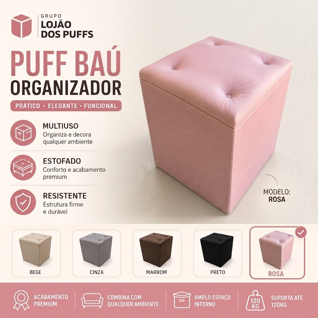 PUFF BAÚ EM TECIDO SUEDE PORTA OBJETOS BRINQUEDOS SAPATOS ROUPAS DECORATIVO CASA PENTEADEIRA CLOSET