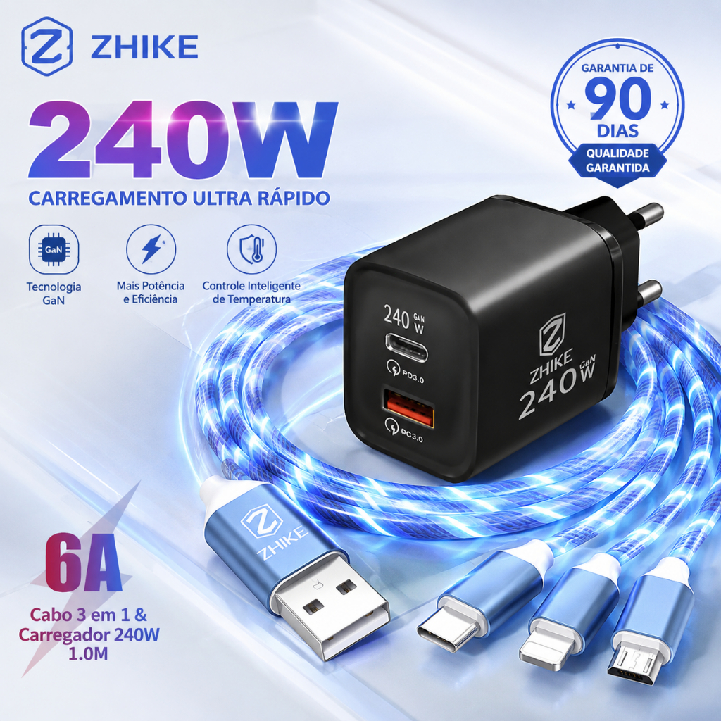 Carregador 240W ZHIKE 3 Em 1 Celular Carregamento Rápido PD Tipo C Cabo GaN Adaptador USB-C Carregador Parede Portátil