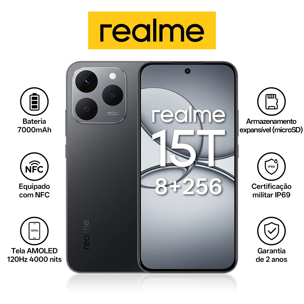 Celular realme 15T 5G Smartphone 8+256 GB 2ANOS E IA GARANTIA Original Versão Global Bateria 6550mAh Câmera 50MP NFC Tel