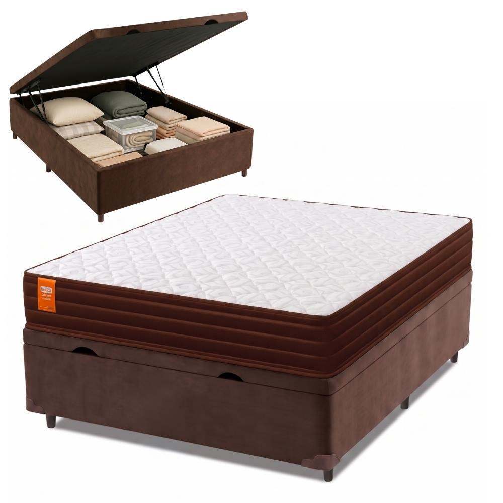 Cama Box Baú Casal Colchão Molas Qatar 138x188x63cm Marrom / Branco - Suporta até 200Kg po