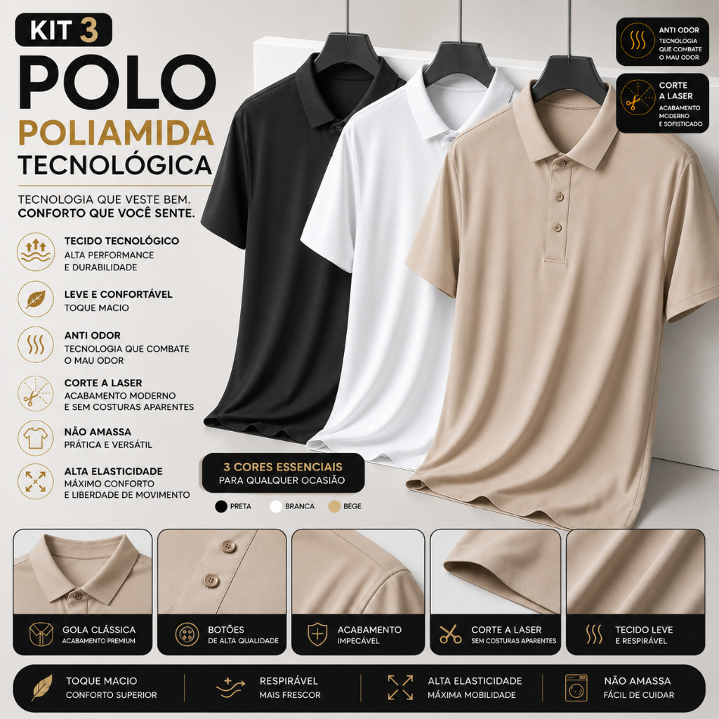 Kit 3 Camisa Polo Poliamida Masculina Tecnológica Não Amassa