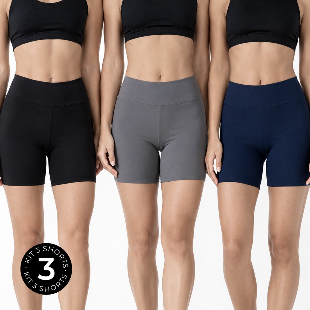 Kit 3 Shorts Feminino Legging Cintura Alta Liso Básico Suplex Respirável Para Treinos