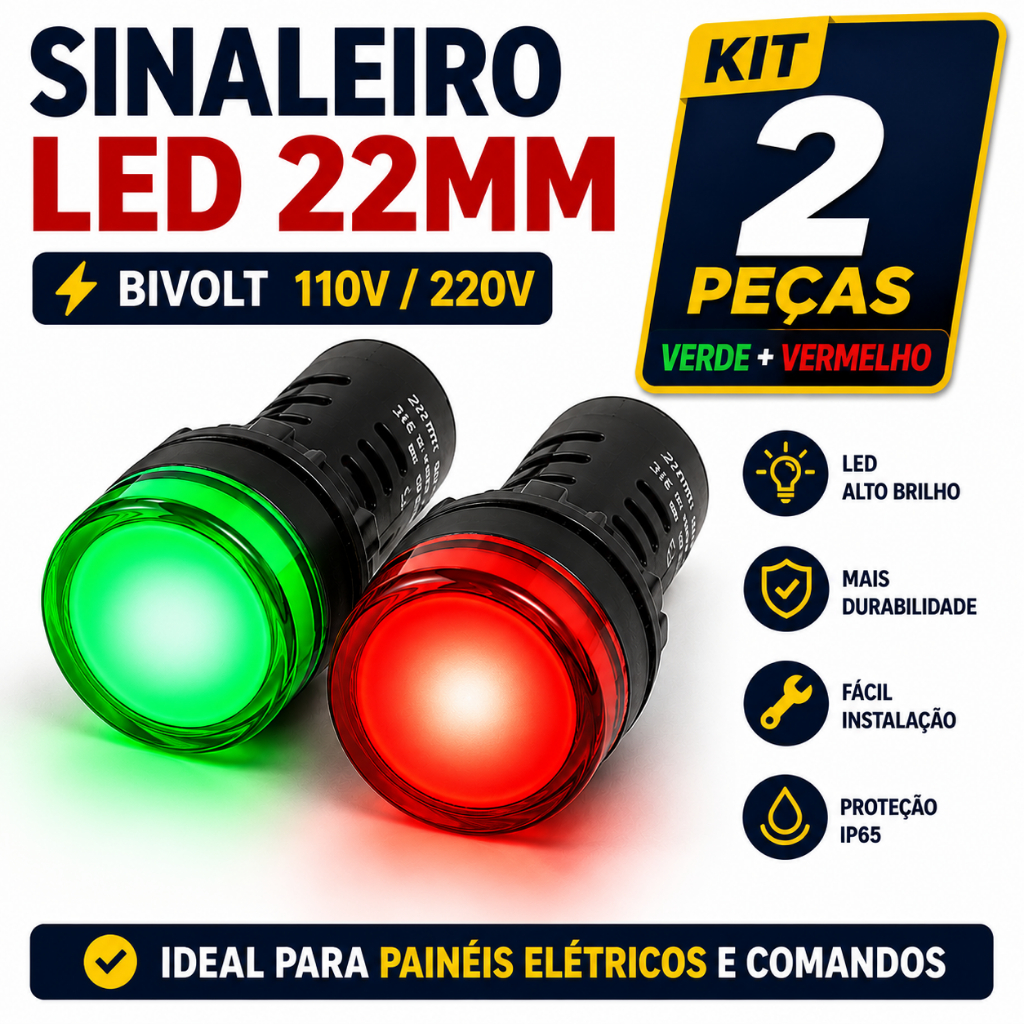 Sinaleiro Led 1 Vermelho +1Verde 22mm Bivolt Kit 2 peças