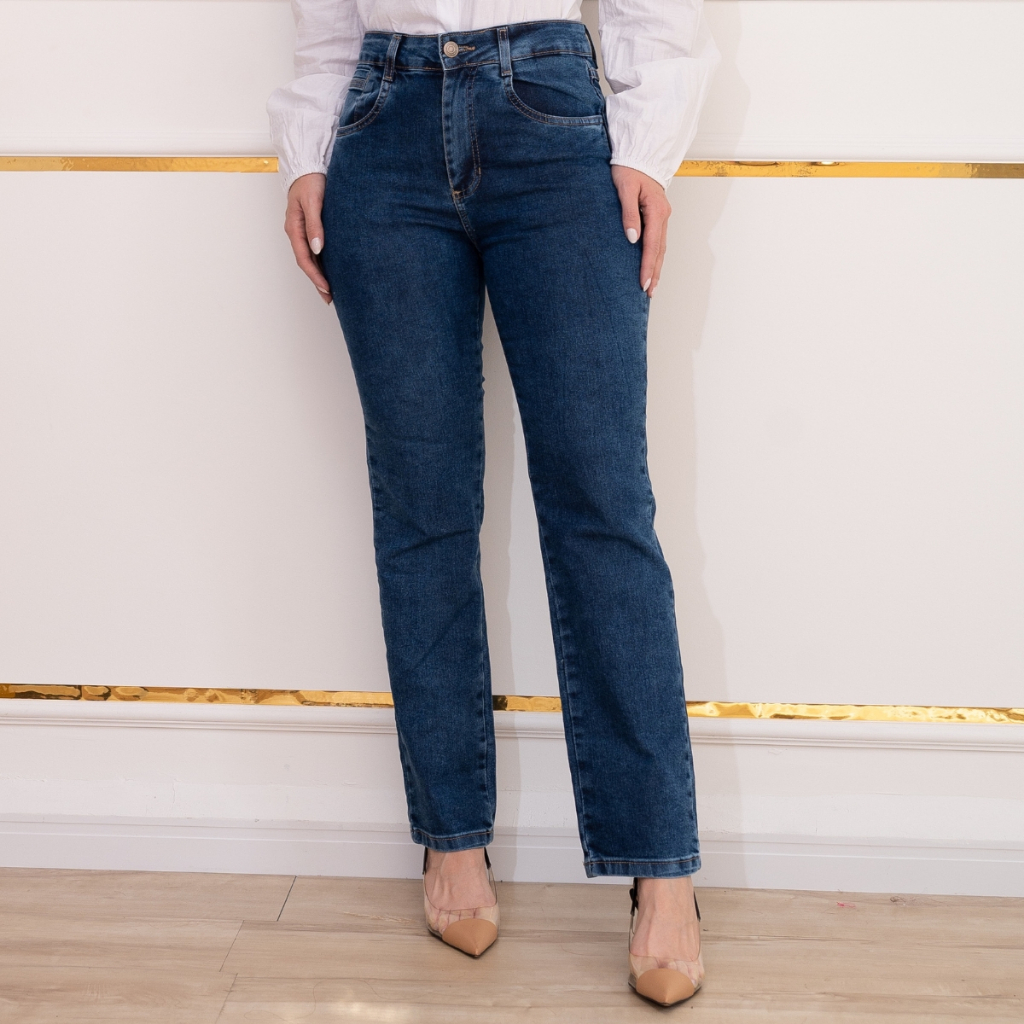 Calça Sawary Reta Feminina Cintura Alta Lycra Elegante Bolsos Roupa Feminina Premium Original Brim