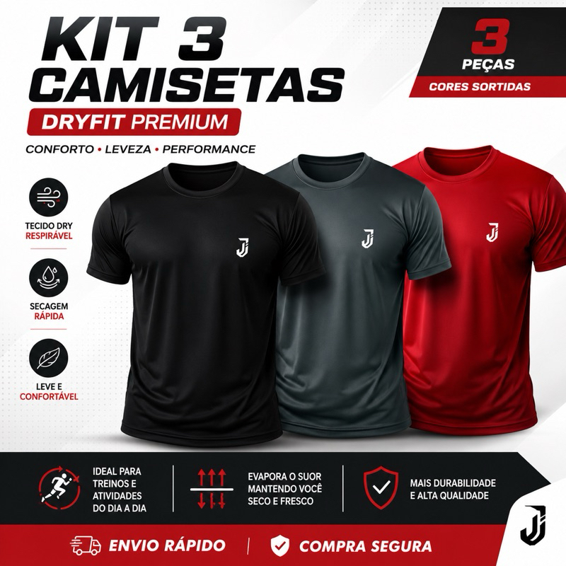 Kit 3 Camisetas Poliéster DryFit Masculina Lisa Academia Corrida Casual Esportes Confortável Atividade